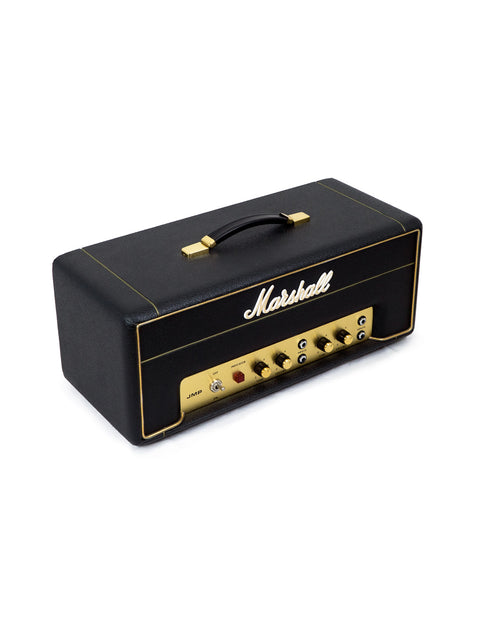 Close-up of the Marshall M-100 head featuring gold trim, part of the 2061X Lead & Bass 20 Handwired Amp from 2017.