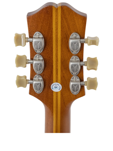 Close-up of the headstock from a 2016 Epiphone Masterbilt De Luxe F-Hole Archtop guitar with four tuning knobs.