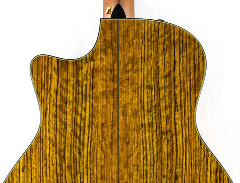 Close-up shot of a Taylor Custom GS Baritone 6 guitar, featuring a rich wooden back, made in the USA in 2011.