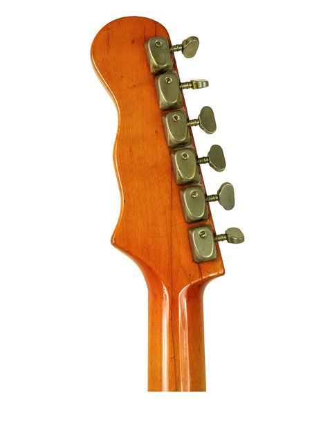 Close-up shot of the neck of a 1964 Vintage Burns Black Bison electric guitar, featuring a vibrant Transparent Red finish.