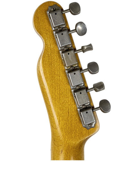 Close-up shot of the neck on a Silky Oak Txxx Style Partscaster electric guitar, emphasizing its elegant wood grain and style.