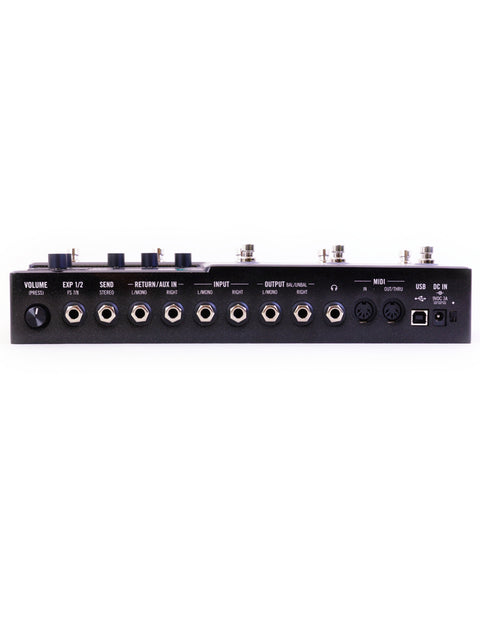 Control panel of the Line 6 HX STOMP XL in black and white featuring four distinct knobs.