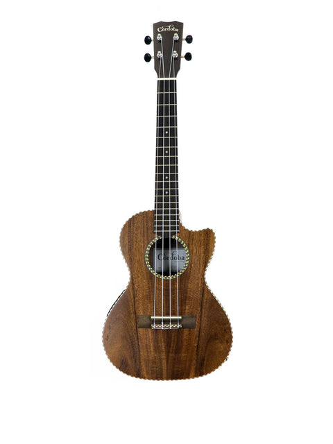 Cordoba ukulele with a natural wood finish isolated on a white background.