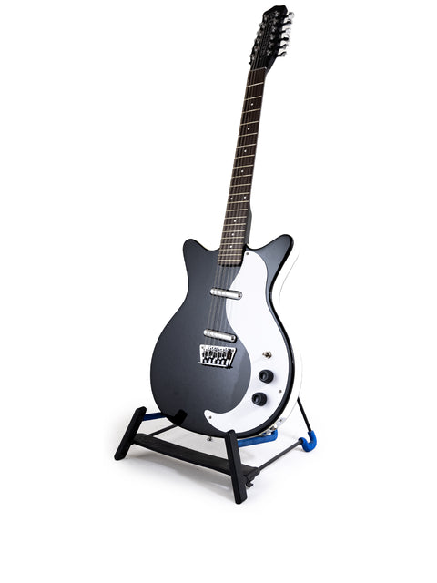 Danelectro DC59 12-string guitar on a stand, set against a clean white background, showcasing its sleek design.