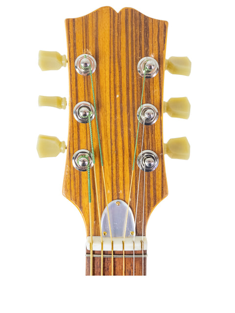 Detailed view of a 1970s Sutton Archtop acoustic guitar headstock, highlighting its unique features and classic style.
