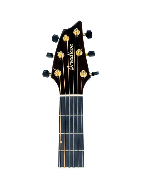 Detailed view of a Breedlove Journey Concert guitar headstock, highlighting its black body and exquisite design from 2016.