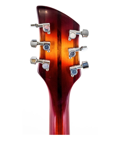 Detailed view of a Rickenbacker 330 headstock featuring a striking red and orange neck, highlighting its craftsmanship.
