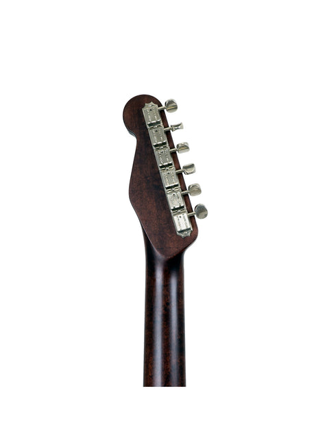 Detailed view of a guitar head with a wooden body and metal bridge, highlighting the craftsmanship of the 2006 James Trussart model.