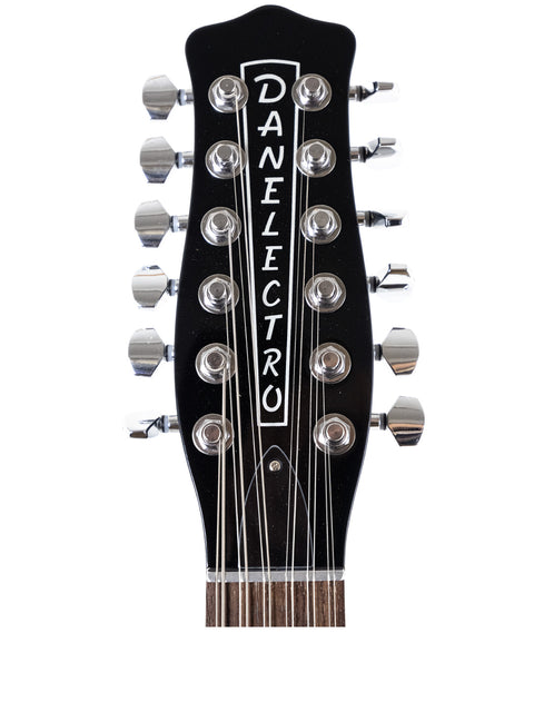 Detailed view of a guitar headstock labeled "danflecto," representing the Danelectro DC59 12 String made in Korea, 2020.