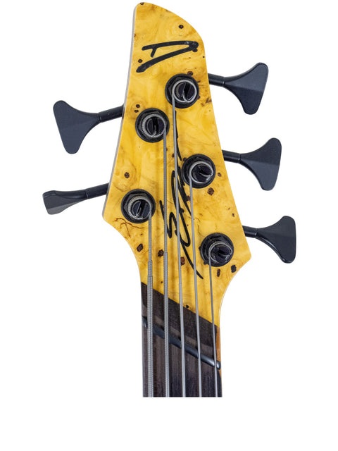 Detailed view of a yellow Dingwall Z3 Buckeye Custom 5-string bass head, highlighting its intricate features and quality.
