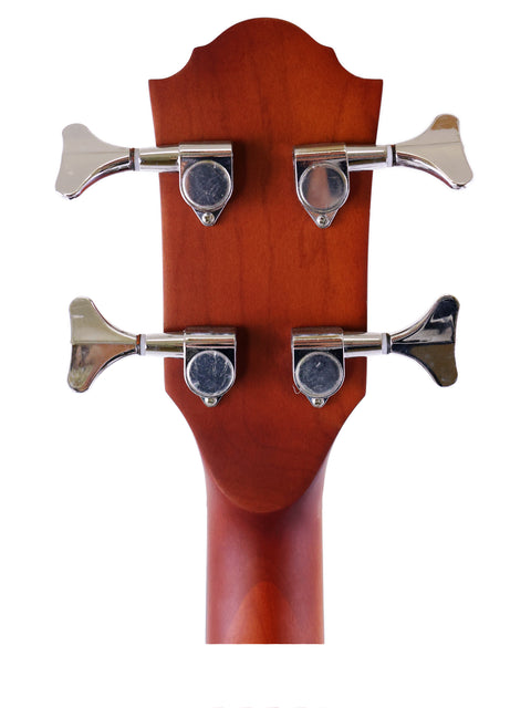 Detailed view of the Gilman GAB10CE Acoustic Bass ukulele head featuring four knobs against a bright white backdrop.