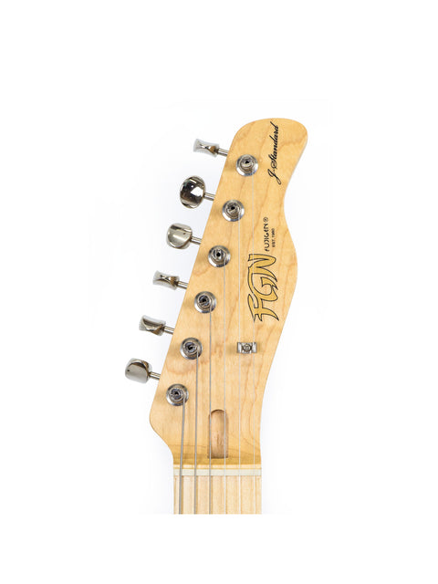 Detailed view of the headstock from a 2015 FGN Fujigen J Standard Iliad Tele-style electric guitar, highlighting its features.