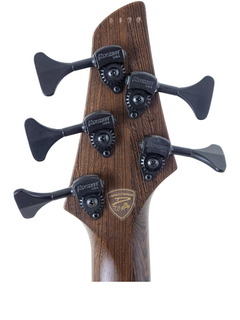 Detailed view of the headstock of a 2016 Dingwall Z3 Buckeye Custom 5-string bass guitar, highlighting its unique features.