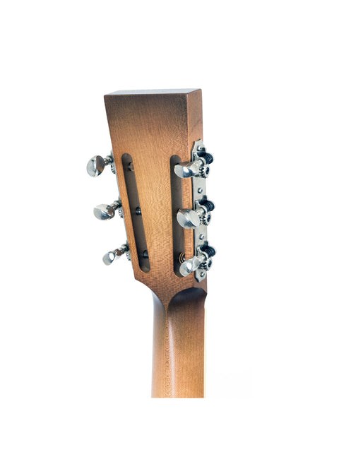 Detailed view of the neck of a 2001 National Resophonic Style N Resonator acoustic guitar, showcasing its craftsmanship.