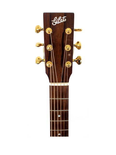Detailed view of the neck of a 2005 Gerard Gilet 000 14 Fret Acoustic guitar, highlighting its elegant design and wood grain.