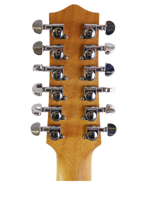Detailed view of the neck of a Maton EM425C 12-string guitar, featuring knobs, made in Australia in 2009.