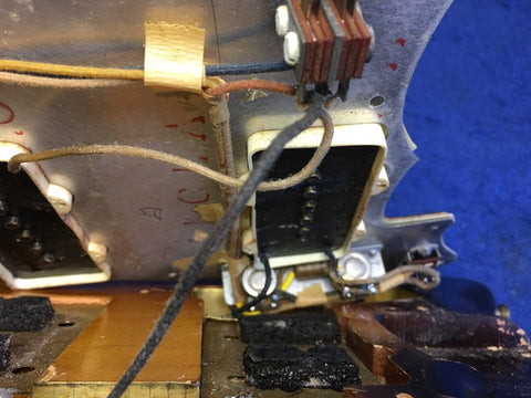 Detailed view of the wiring attached to the circuit board of a 1960 USA Fender Jazzmaster, emphasizing its vintage craftsmanship.