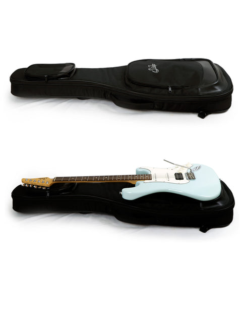Display of two guitars in a case against a white backdrop, including a 2018 USA Suhr Classic Pro.