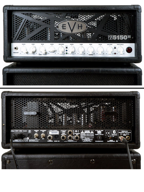 Dual perspectives of the EVH 5150 III 50 Watt Amp Head & Cab, highlighting its iconic look and robust sound capabilities.