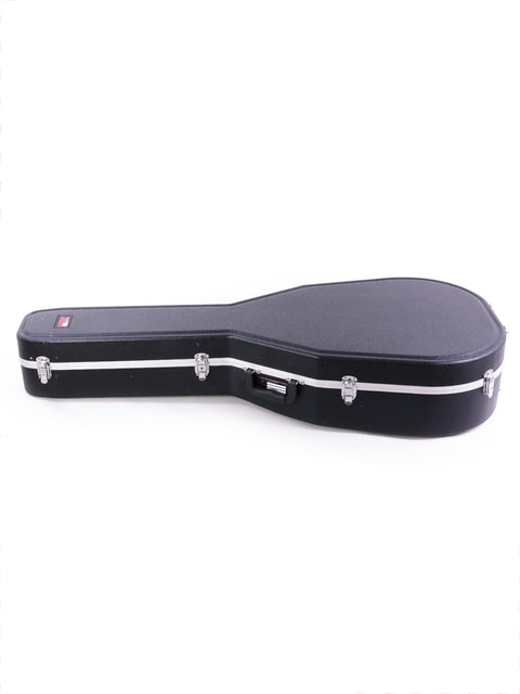 Elegant black guitar case featuring the Gibson ES-5 Switchmaster from 1959, presented on a stark white backdrop.
