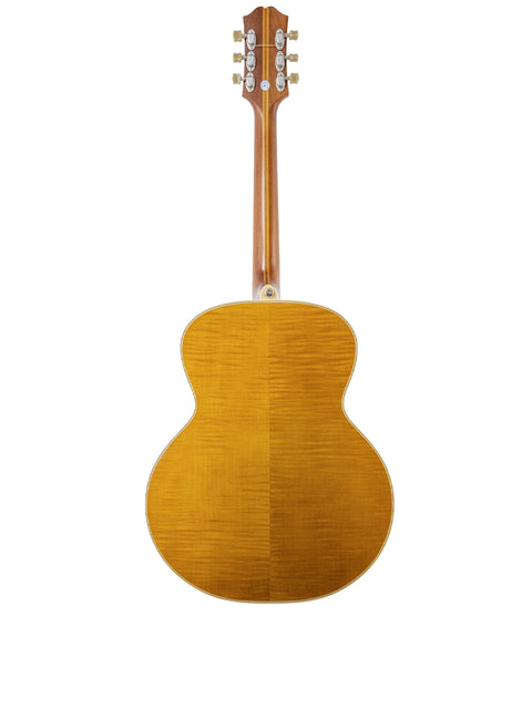 Epiphone Masterbilt De Luxe F-Hole Archtop guitar featuring a rich brown body and neck, highlighting its classic craftsmanship.