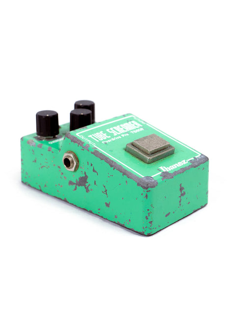 Green Ibanez TS-808 pedal with four knobs, a vintage piece from Japan, 1979.