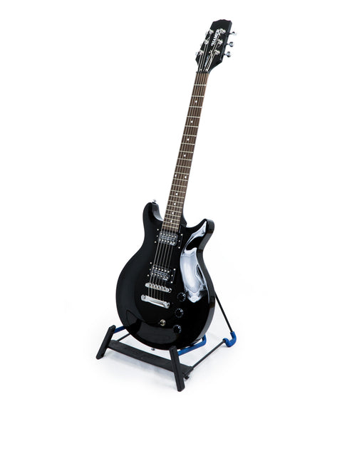 Hamer XT Series LP Jr Style 2007 black electric guitar displayed on a stand, perfect for aspiring musicians and collectors.