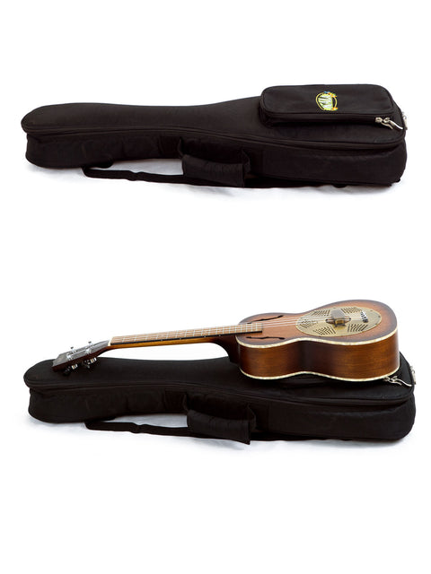 Image displays two angles of a Kala KA-RES-BRS Tenor Resonator Ukulele case, highlighting its unique style.