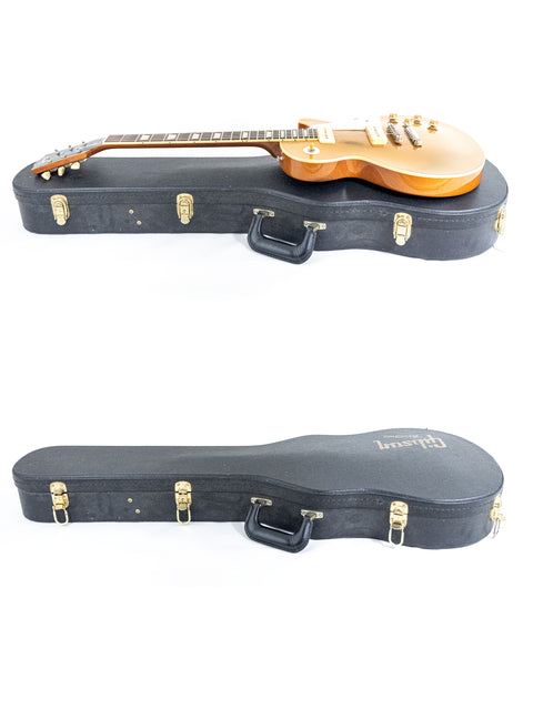 Image shows two guitars in different angles, highlighting a Gibson Custom LPR-6 1956 Reissue Goldtop from the USA, 2006.