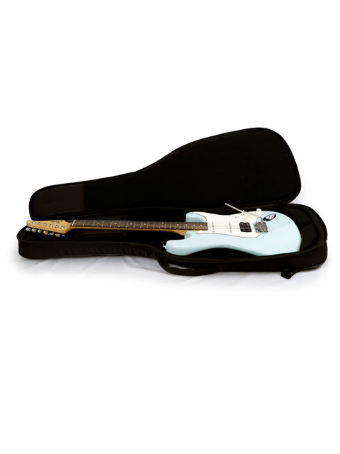 Inside a guitar case, a blue Suhr Classic Pro guitar from 2018 is displayed, emphasizing its stunning appearance.