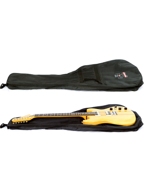 Inside a guitar case, a vibrant yellow Aria Pro II TS 400 from 1980 stands out, highlighting its classic design.
