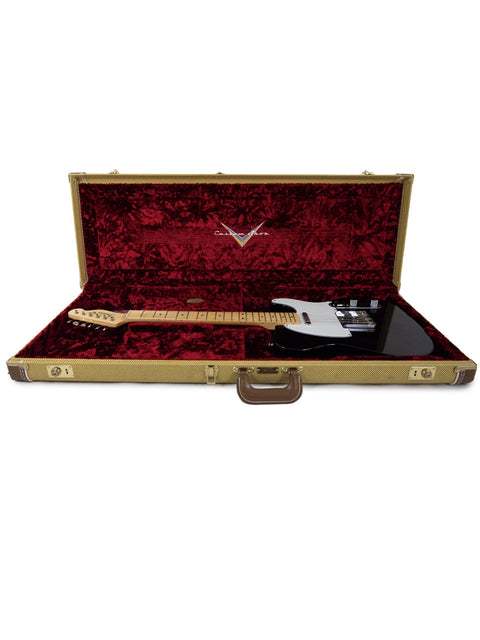 Inside a guitar case lies a black and white Fender Custom Shop 30th Anniversary ’51 Nocaster NOS, USA 2017 model.