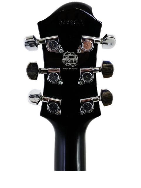 Intricate close-up of the Greco Zemaitis GZ-2600IF headstock, reflecting its premium quality and vintage charm from Japan, 2004.