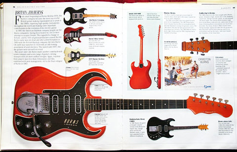 Magazine article spotlighting the Vintage Burns Black Bison guitar, Transparent Red finish, and its standout features from 1964.