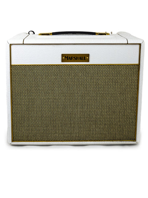 Marshall Studio Vintage SV 20C Mark II amplifier in white and gold, featuring stylish black and gold trim, UK 2020 model.