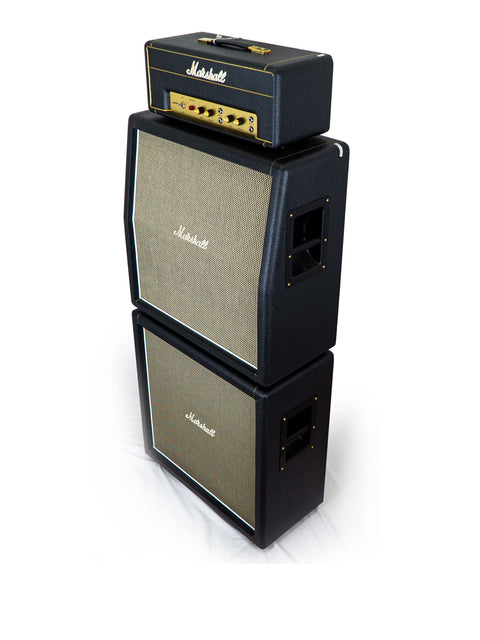 Marshall amplifiers stacked high, highlighting the 2061X Lead & Bass 20 Handwired Amp Head from the UK, 2017.