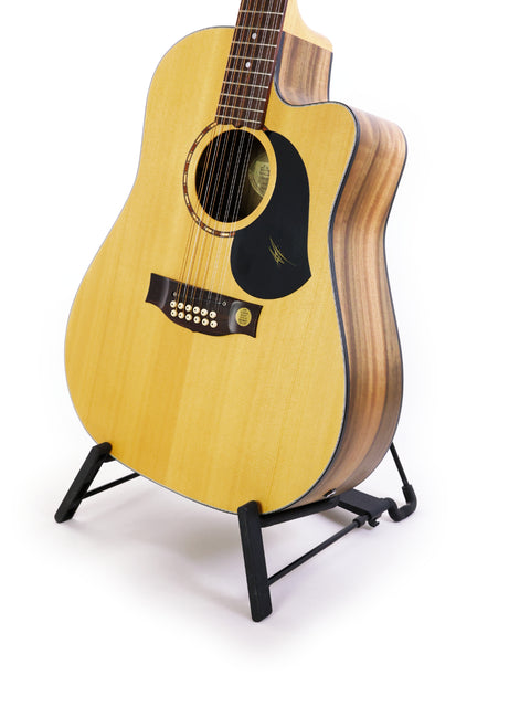 Maton EM425C 12-string guitar displayed on a stand, set against a bright white background, highlighting its craftsmanship.