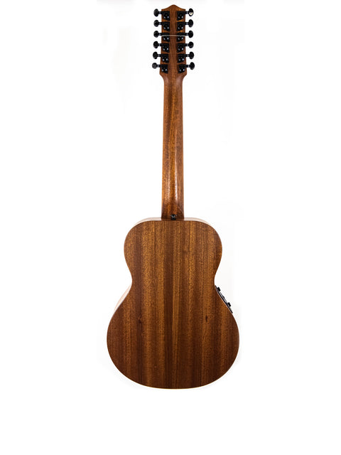 Maton Mahogany Mini12 String EMM-12 guitar featuring a rich wooden body and neck, showcasing its elegant craftsmanship.