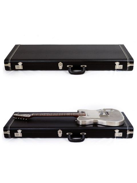 On a white background, two guitars are nestled in a case, featuring the 2006 James Trussart Holey Nickel Steelcaster from the USA.