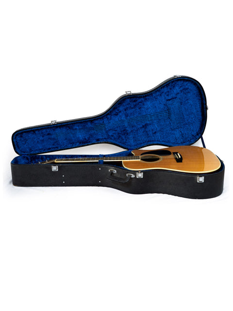On a white surface, a blue guitar case displays the Takamine EF 360SC, crafted in Japan in 1988.