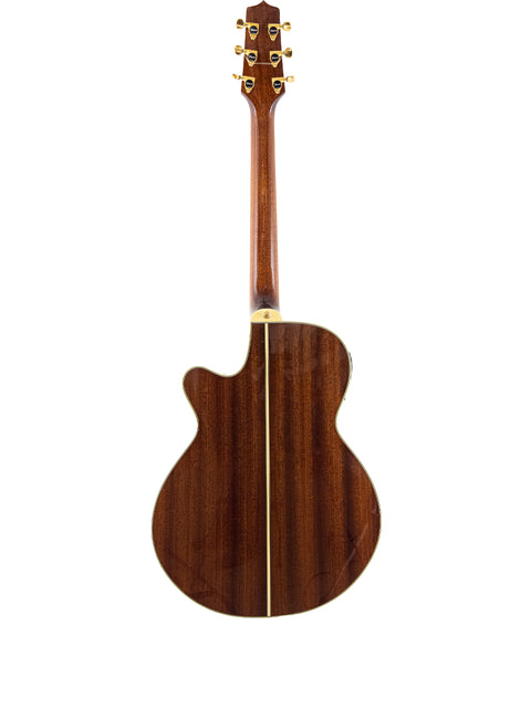 Rear perspective of a Takamine TSP138C TB Thinline Acoustic Electric guitar, featuring a beautifully crafted wooden back.