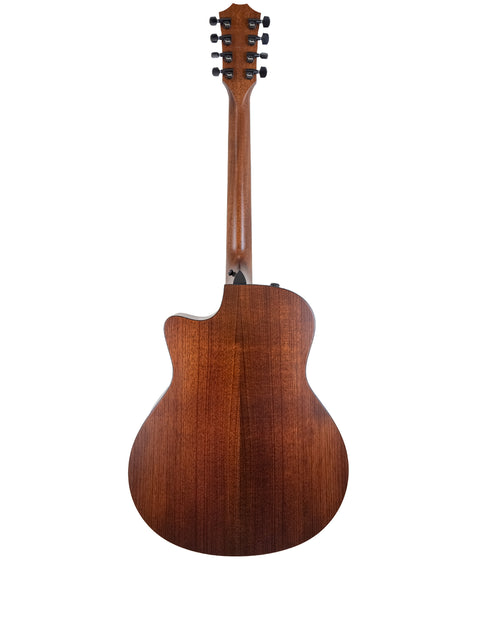 Rear perspective of a Taylor 326 CE Baritone 8 LTD acoustic guitar, emphasizing its rich wood texture and quality.