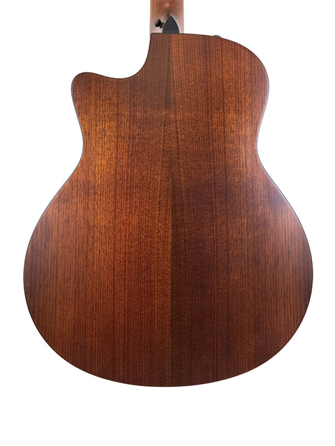 Rear perspective of a Taylor 326 CE Baritone 8 LTD acoustic guitar, featuring rich wood textures and fine detailing.
