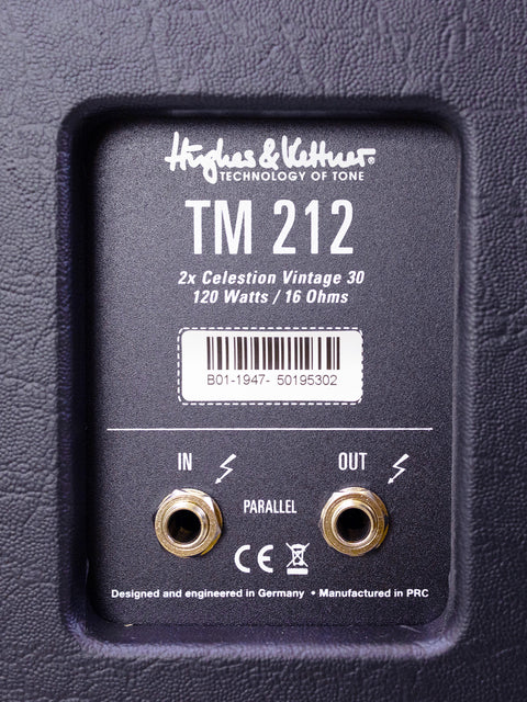 Rear side of a Hughes & Kettner TM 212 speaker box, showing the TM - 122 label, crafted in Germany, 2021.