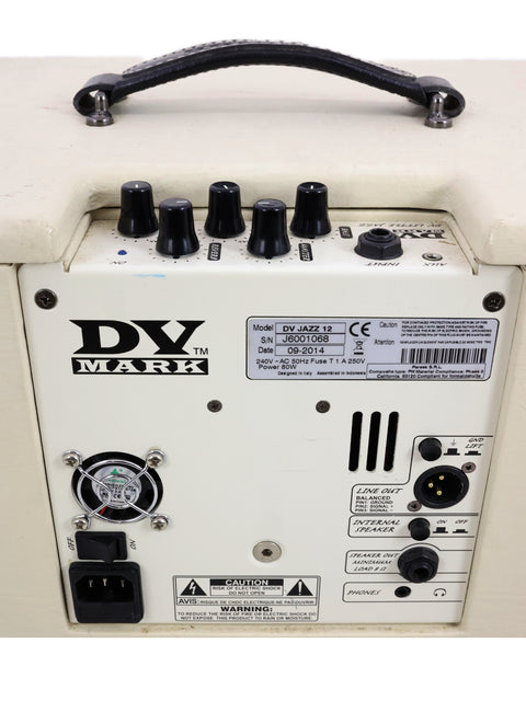 Rear side of a white DV Mark amplifier labeled "DV," showcasing the DV Jazz 12 Combo model, 80 watts, from 2014.