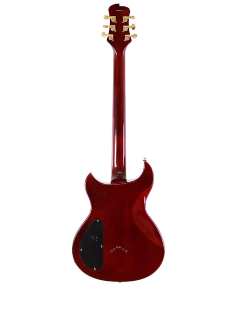 Red guitar featuring a black pickguard, identified as Jarrett Forza, Serial #00001, crafted in the USA, 2007.