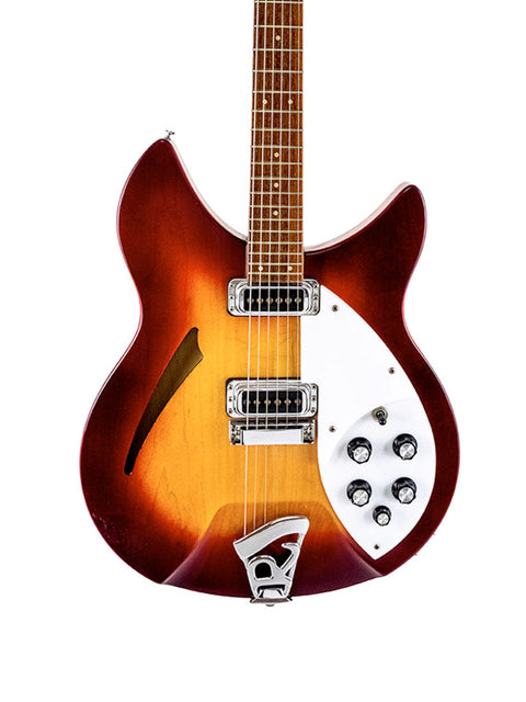 Rickenbacker 330 guitar in Fireglo sunburst finish, highlighting its 1994 USA craftsmanship and vibrant colors.