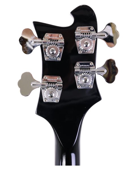 Rickenbacker 4003 Jetglo Bass guitar head in black, equipped with four knobs, highlighting its 2008 craftsmanship.