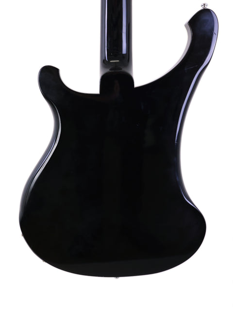Rickenbacker 4003 Jetglo Bass guitar in black, featuring a stark white background that enhances its visual appeal.