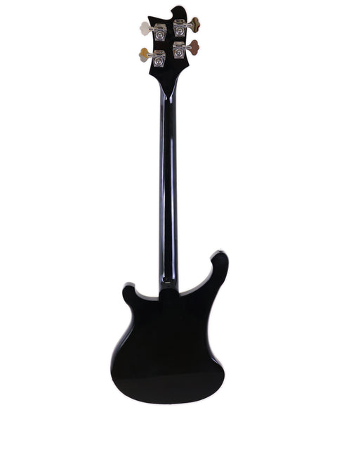 Rickenbacker 4003 Jetglo Bass in black against a white backdrop, highlighting its elegant shape and finish.